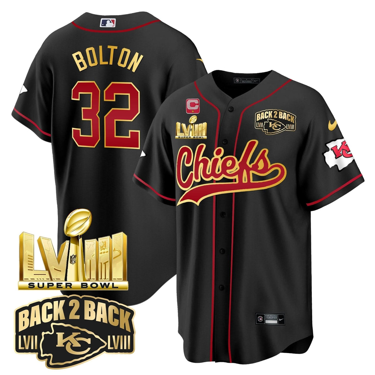 KC Super Bowl LVIII & Back 2 Back Gold Patch Baseball Jersey - All Stitched