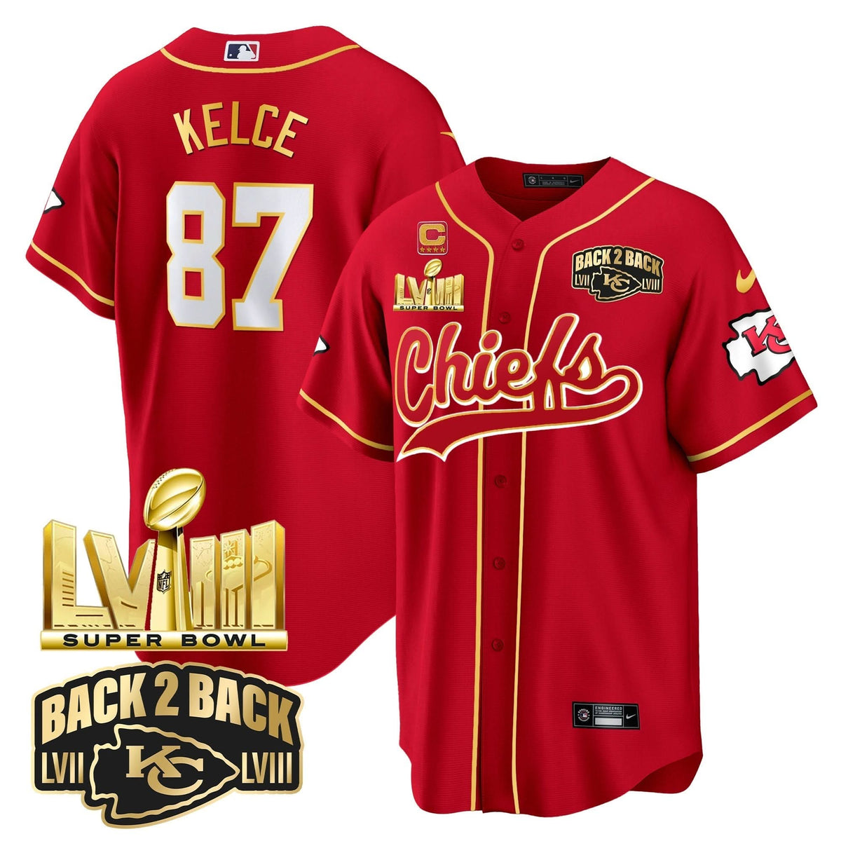 KC Super Bowl LVIII & Back 2 Back Gold Patch Baseball Jersey - All Stitched