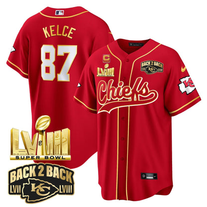KC Super Bowl LVIII & Back 2 Back Gold Patch Baseball Jersey - All Stitched