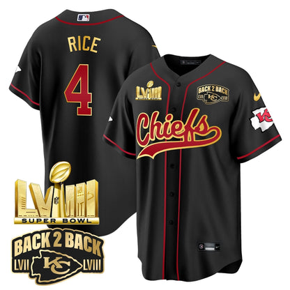 KC Super Bowl LVIII & Back 2 Back Gold Patch Baseball Jersey - All Stitched