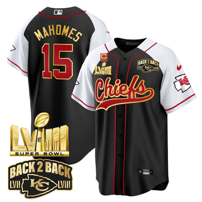 KC Super Bowl LVIII & Back 2 Back Gold Patch Baseball Jersey - All Stitched