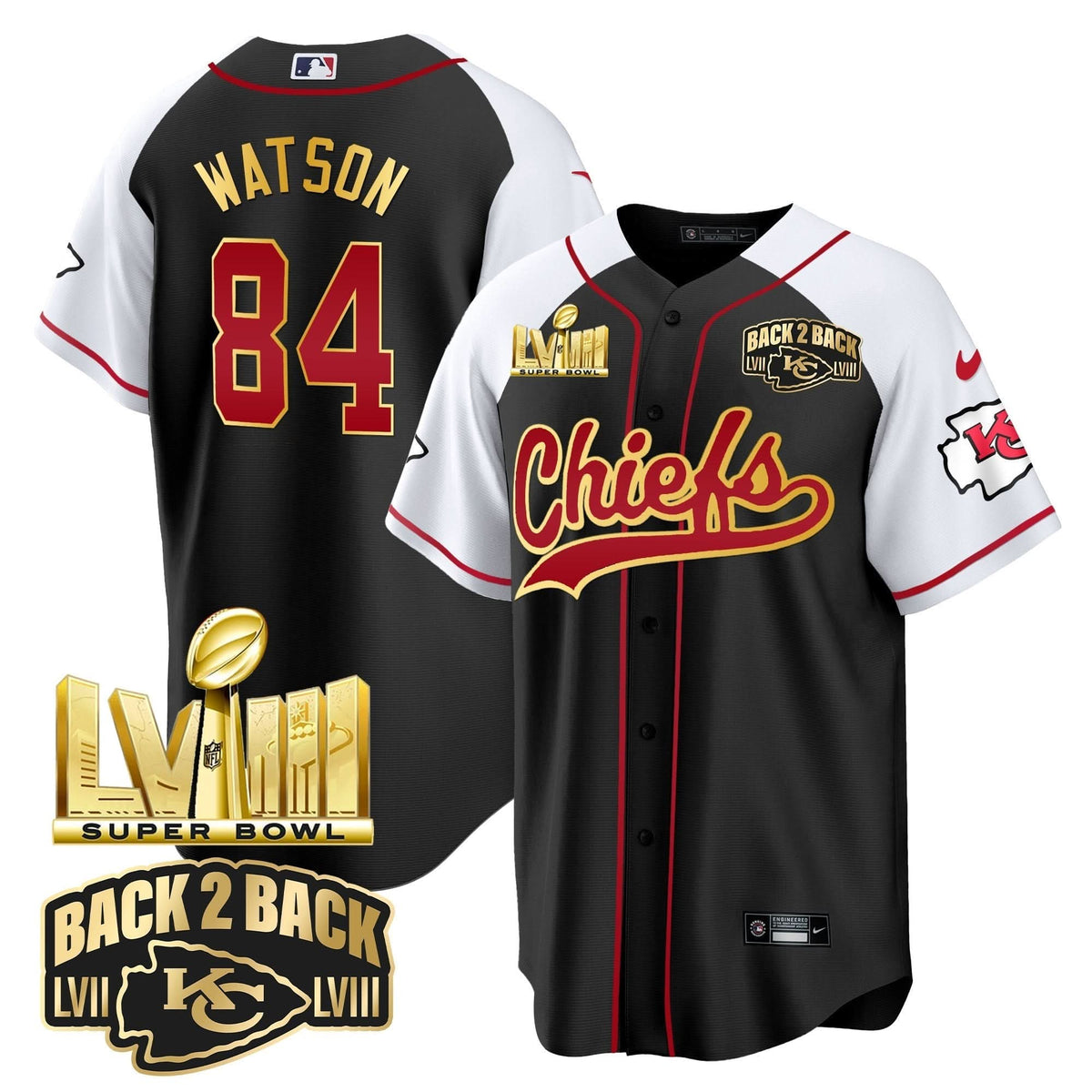 KC Super Bowl LVIII & Back 2 Back Gold Patch Baseball Jersey - All Stitched