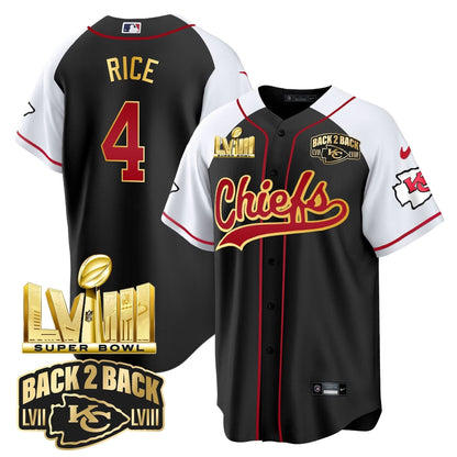 KC Super Bowl LVIII & Back 2 Back Gold Patch Baseball Jersey - All Stitched