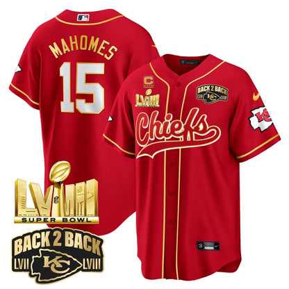 KC Super Bowl LVIII & Back 2 Back Gold Patch Baseball Jersey - All Stitched