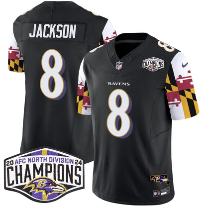 Ravens Maryland Flag 2024 AFC North Division Champions Patch Vapor Limited Jersey - All Stitched